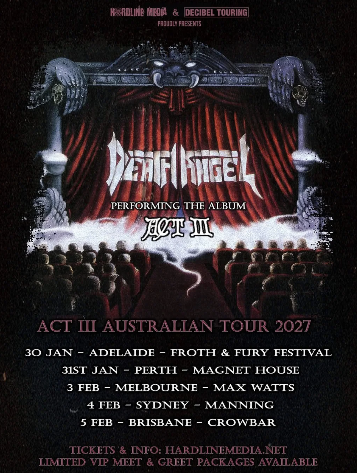 Death Angel Act III Australian Tour 2027 poster showing a theatrical stage scene with red curtains and listed Australian tour dates.